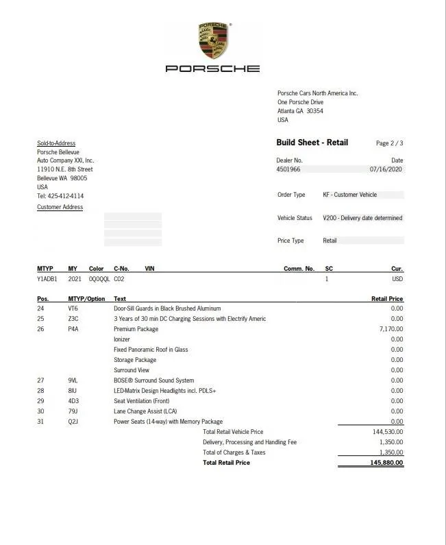 Porsche Taycan 2021 Taycan allocations now available in the US Taycan BUild Sheet 2