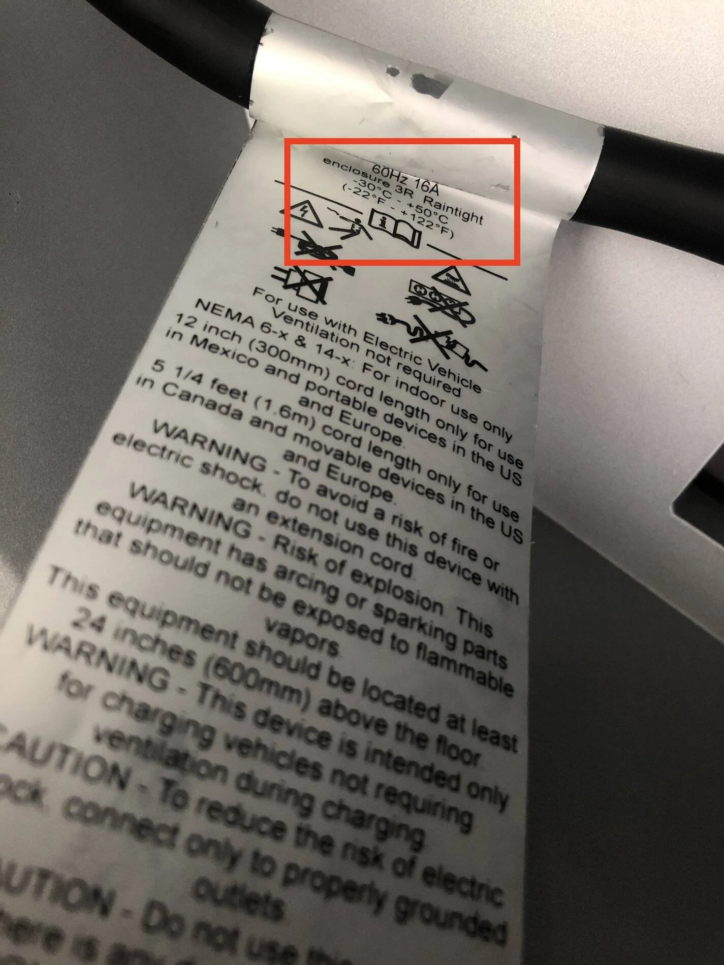 Porsche Taycan NEMA 14-50 Supply cable heat data Porsche NEMA 14-50 Supply Cable Label