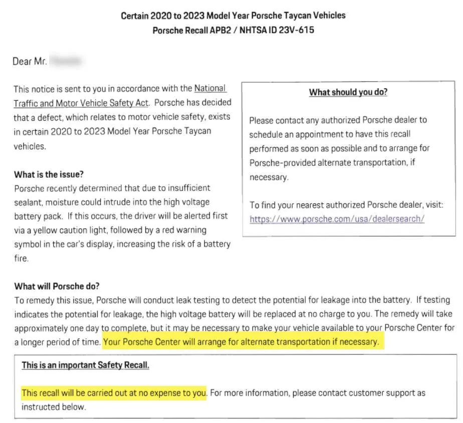 Porsche Taycan Recall (9/1/23): Insufficient Sealant Causing High-Voltage Battery Leak on 2023 Taycans APB2 (4,777 Units Affected) 1699169925754