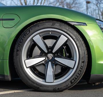 Porsche Taycan PSCB Brake Calipers Painted Black or Yellow on Mission E Wheels Customized