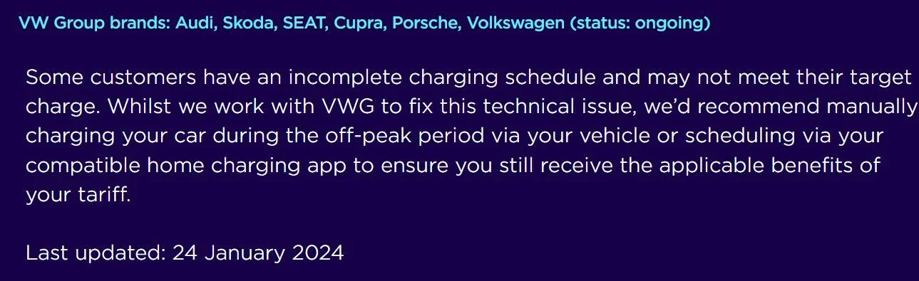 Porsche Taycan Octopus charging issues with VW group models octopus.energy charging issues 202401