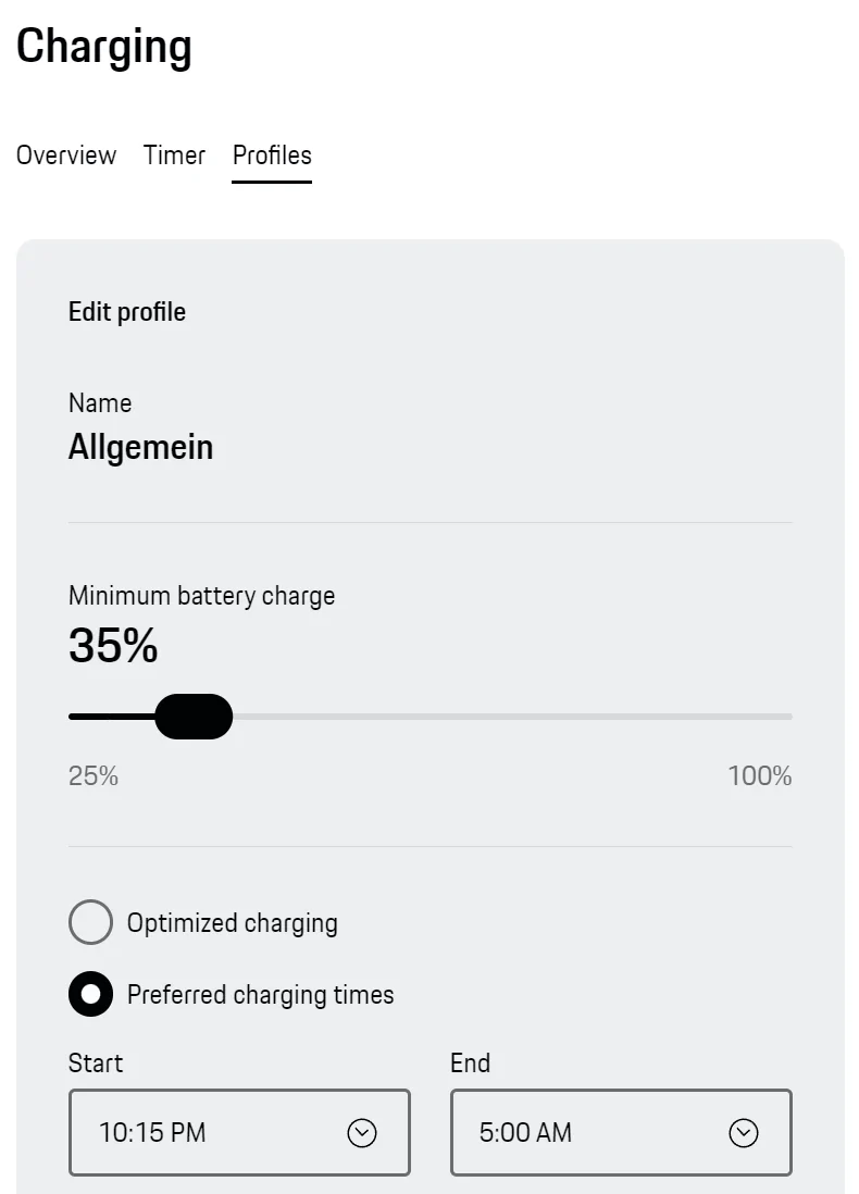 Porsche Taycan Charging Timer Profile screen