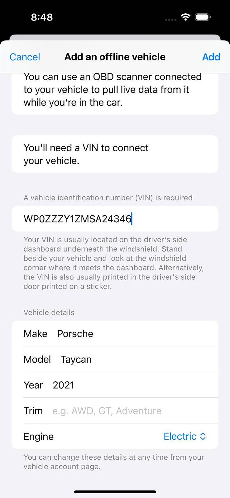 Porsche Taycan Vin decoding Simulator Screenshot - iPhone 15 - 2024-04-03 at 08.48.28