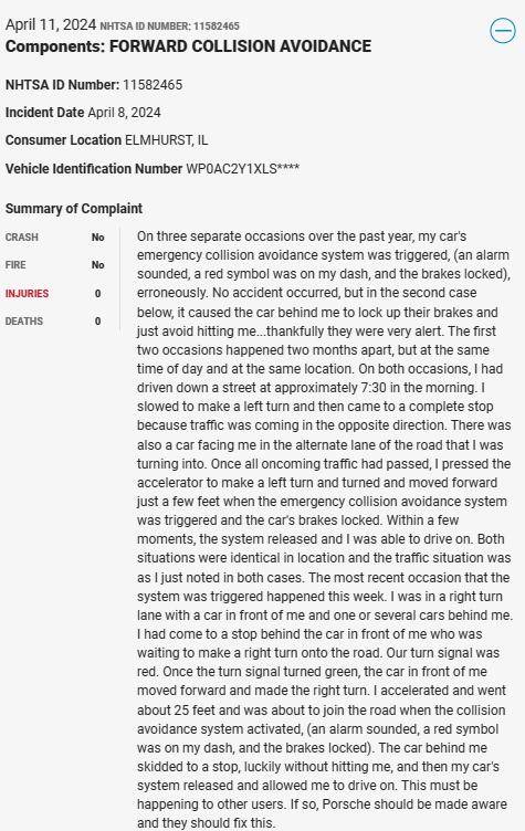 Porsche Taycan Collision avoidance system triggered erroneously - NHTSA safety incident report April 11, 2024 1712932755835-at