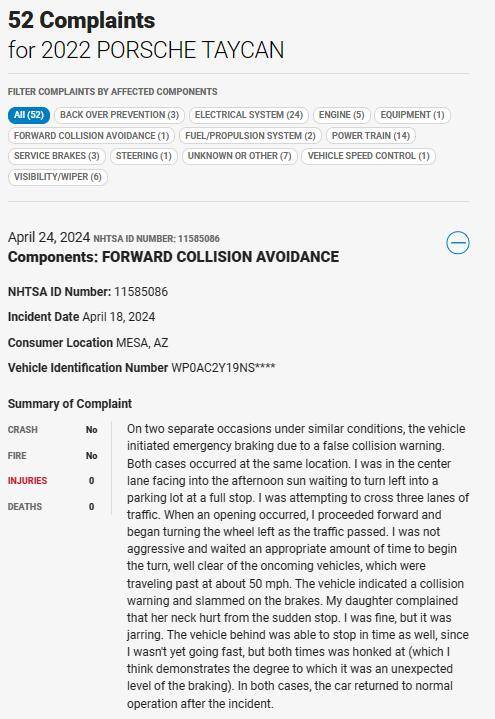 Porsche Taycan Collision avoidance system triggered erroneously - NHTSA safety incident report April 11, 2024 1714139957369-9q