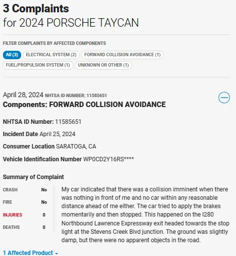 Porsche Taycan Collision avoidance system triggered erroneously - NHTSA safety incident report April 11, 2024 1714480707025-5k