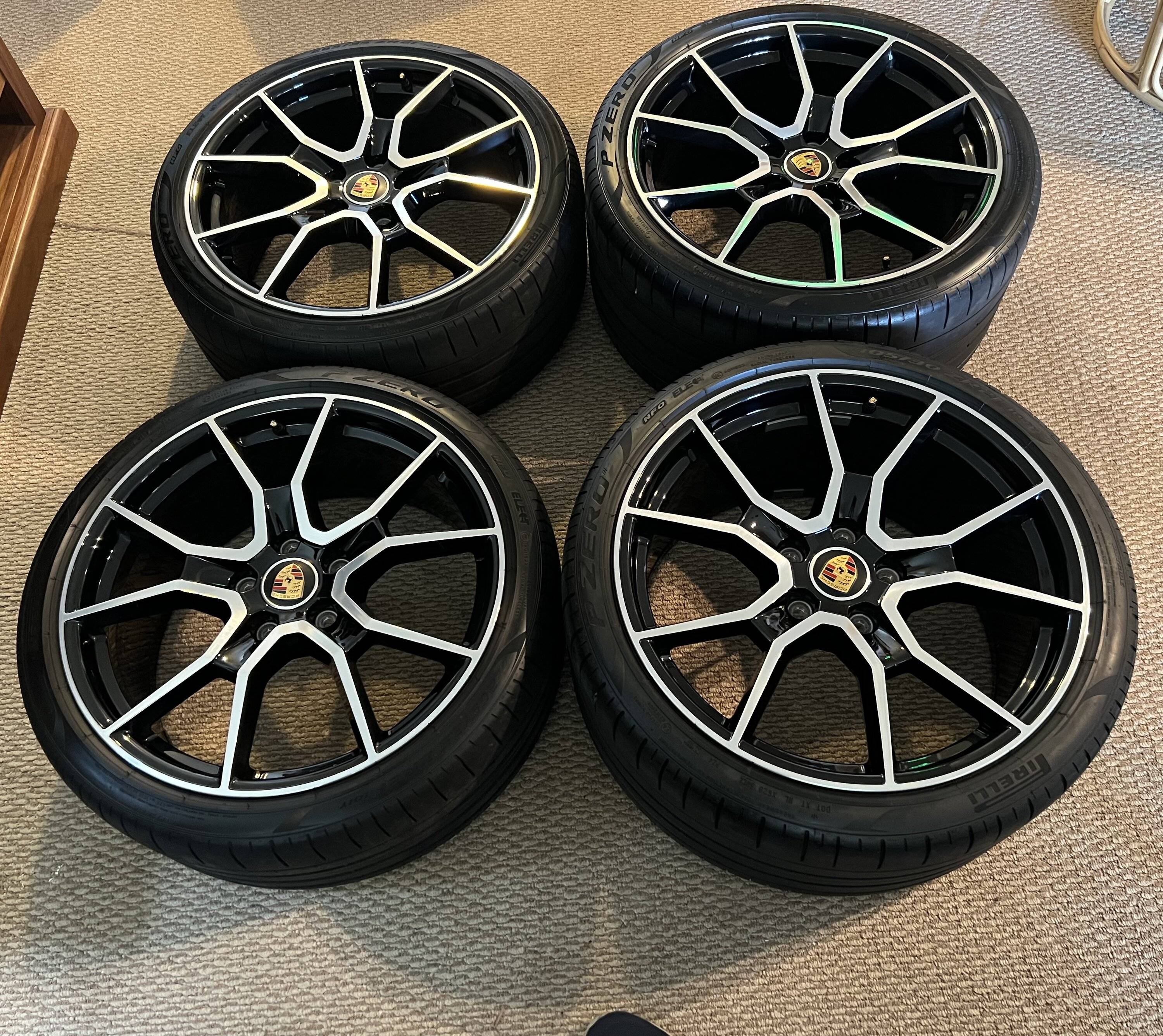 Porsche Taycan Porsche OEM 21” RS Spyder Design wheels for sale. Price lowered. IMG_2331