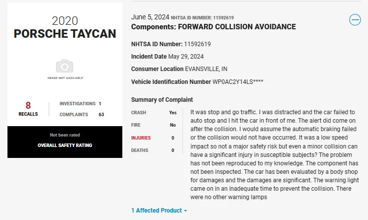 Porsche Taycan NHTSA complaint - 'automatic braking failed' - June 5, 2024 1717673708633-4s