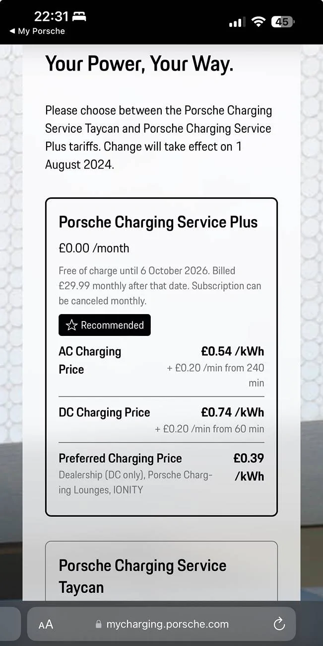 Porsche Taycan Charge card Prices - Porsche automatically changed iy IMG_0552
