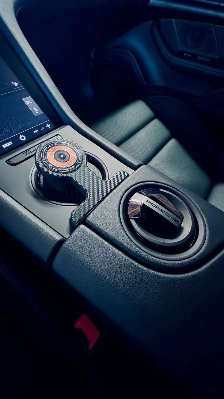 Porsche Taycan Taycan Phone Charger / Holder (3D Printed): Conceals Charger Cable, No Console Modifications Needed porsche_taycan_magsafe_view_a