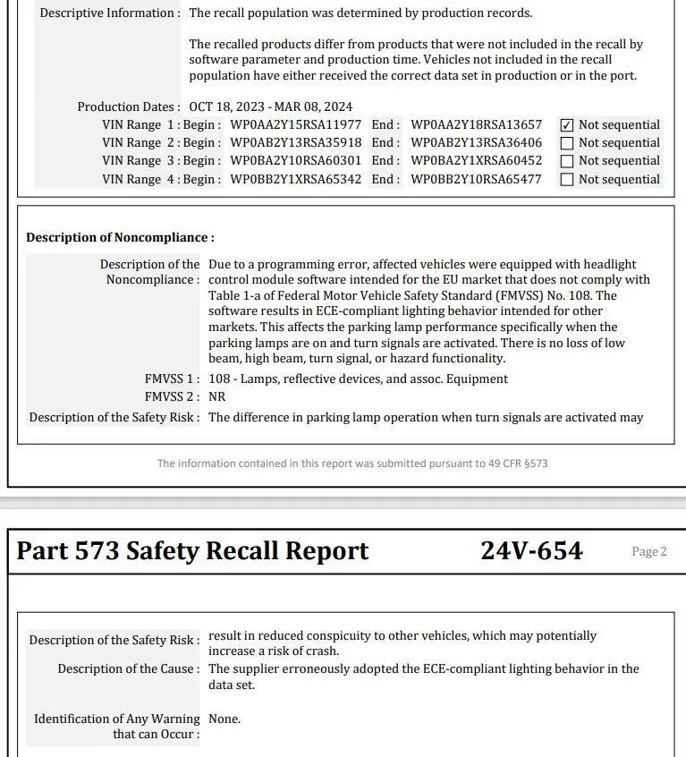 Porsche Taycan Recall: Incorrect Headlight Software (ARB4) 2024 model year - September 5, 2024 1726098994043-kx