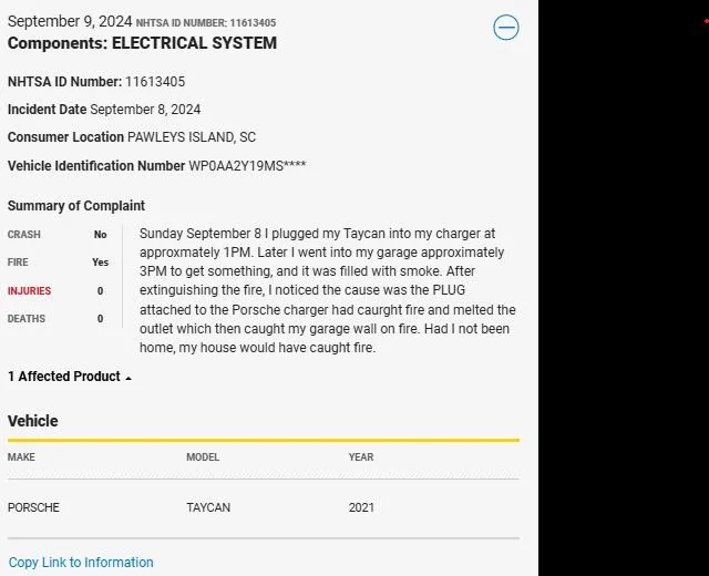 Porsche Taycan NHTSA Complaint - Fire while charging with Porsche charger - September 9, 2024 1726175423612-q3
