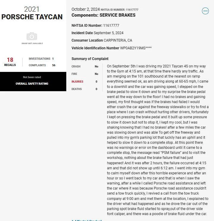 Porsche Taycan NHTSA complaint - Brakes failed - October 2, 2024 1728051868553-v2
