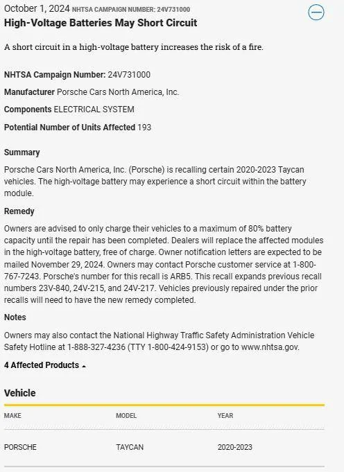 Porsche Taycan Recall: High-Voltage Batteries May Short Circuit - ARB5 - Replace battery modules - October 1, 2024 1728450470986-b5