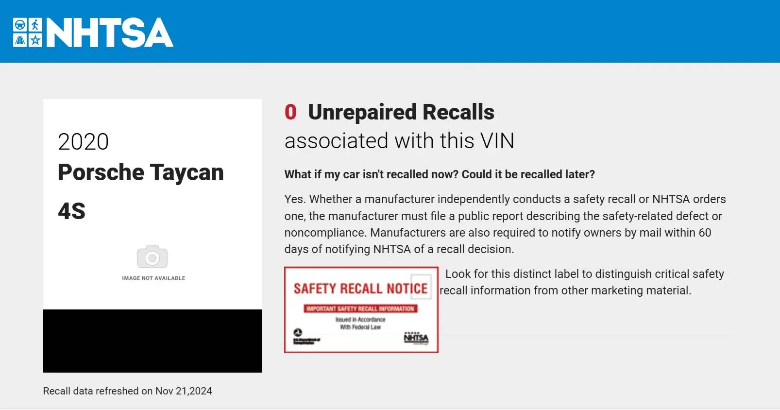 Porsche Taycan Zero Outstanding NHTSA Recalls NHTSA Recall