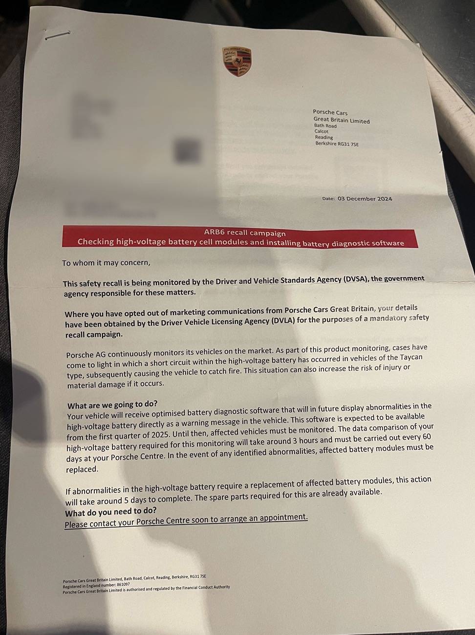 Porsche Taycan ARB6 Recall notice UK.... 1