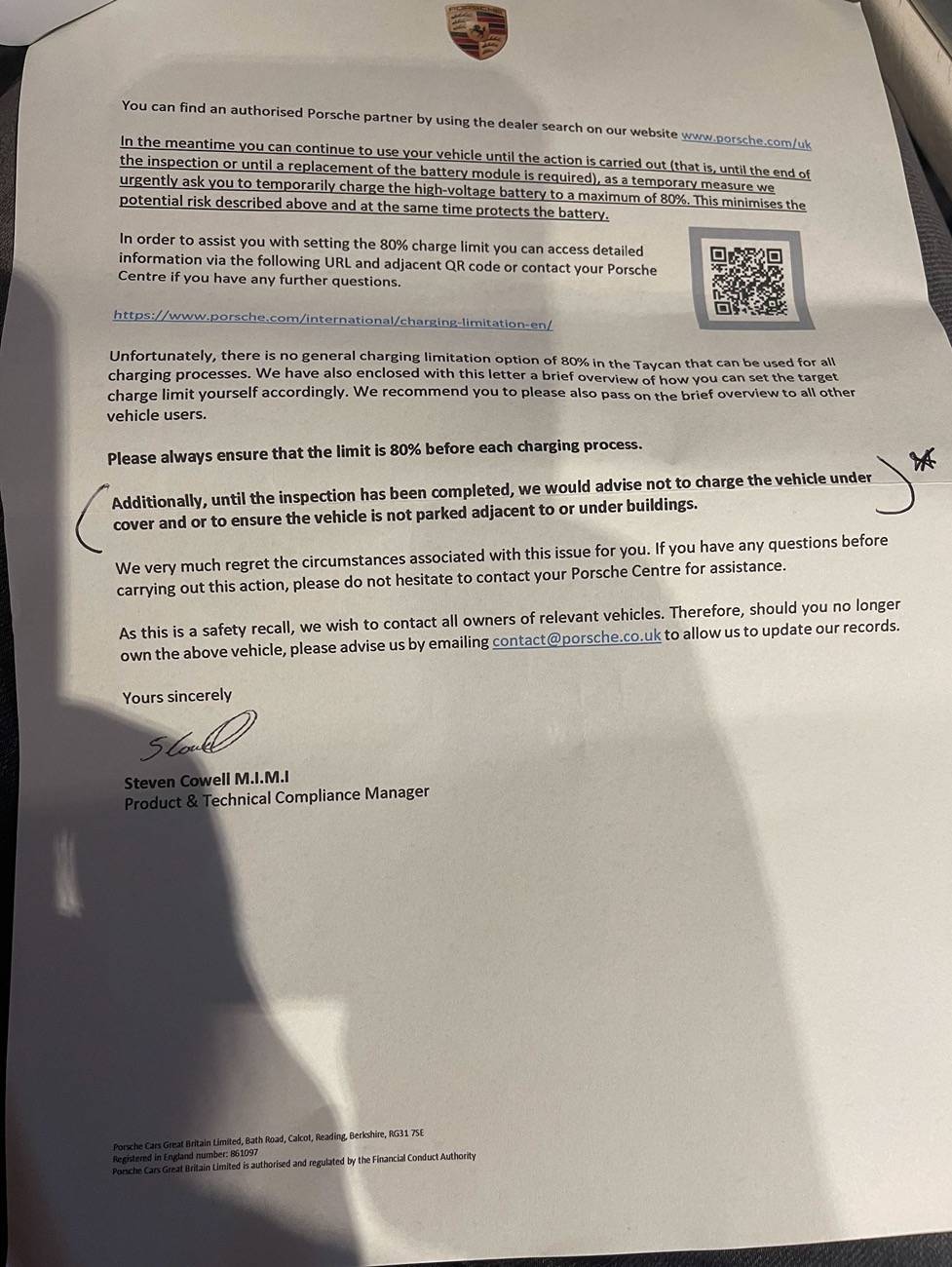 Porsche Taycan ARB6 Recall notice UK.... 2