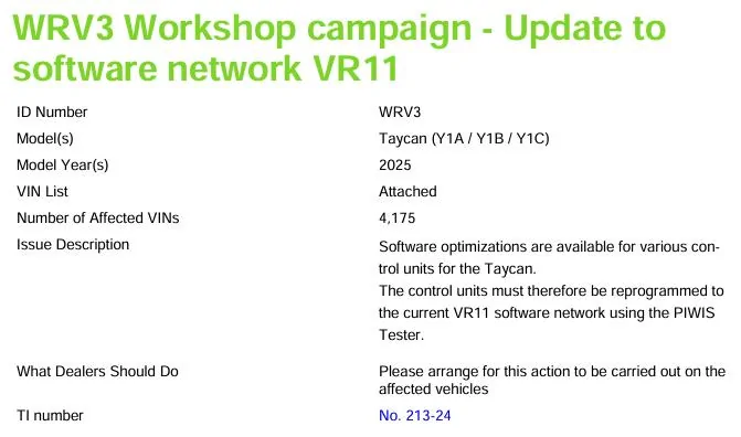 Porsche Taycan TSB: 2025 Model Year: WRV3  campaign – Update to  software network VR11 - Dec. 9, 2025 1736691342732-2k