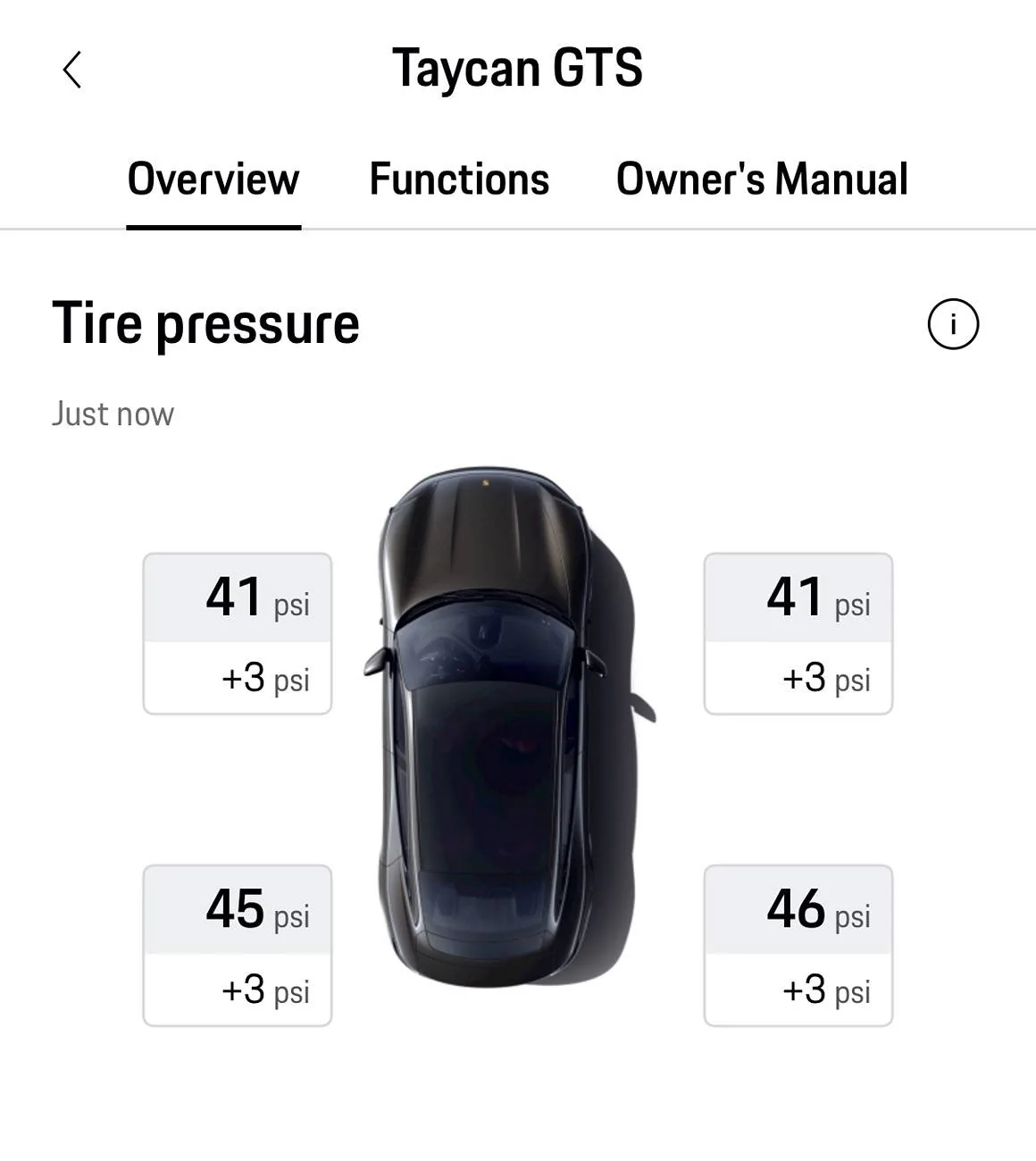 Porsche Taycan Tire pressure indicator in iOS app not calibrated to tire size IMG_4823