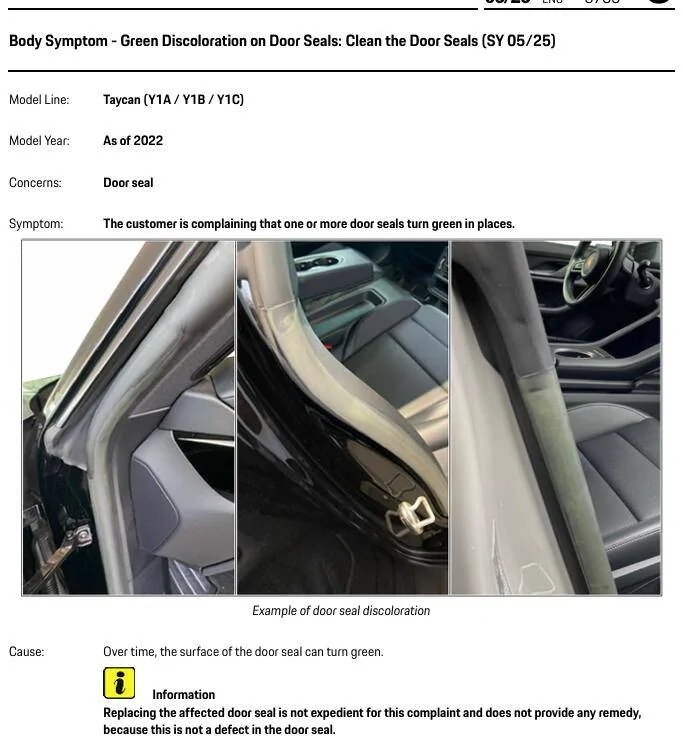 Porsche Taycan TSB:  Body Symptom - Green Discoloration on Door Seals - March 20, 2025 1744117970773-xy