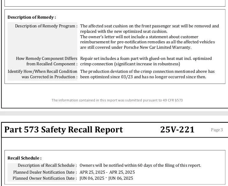 Porsche Taycan Recall: Front passenger air bag may be deactivated by classification system error (ASA2). 2022-23 Taycans. April 8, 2025 1744459339702-p5
