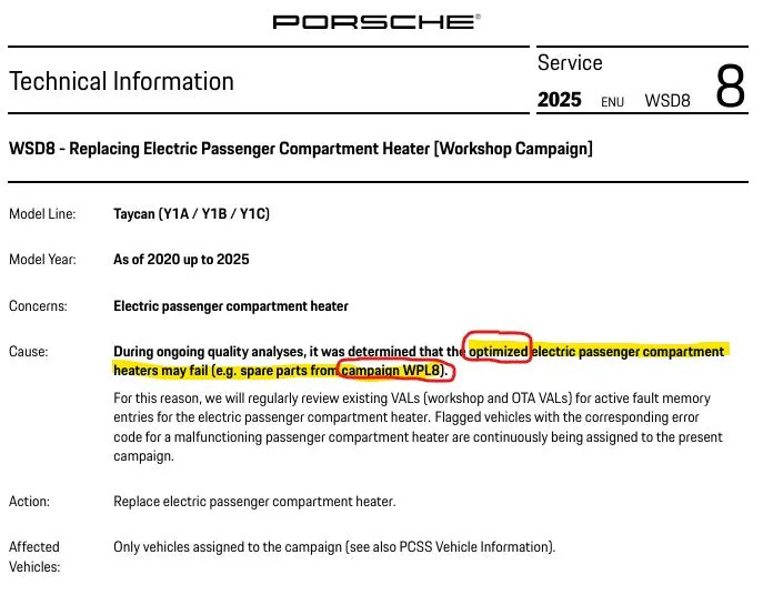 Porsche Taycan TSB: Replacing Electric Passenger Compartment Heater (WSD8) - April 17, 2025 1746617789310-vy