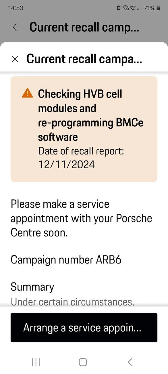 Porsche Taycan ARB6 orange warning triangle in MyPorsche App Screenshot_20250525_145309