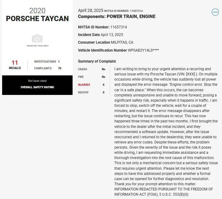 Porsche Taycan New Taycan Issue - engine control error. 1750263001674-vd