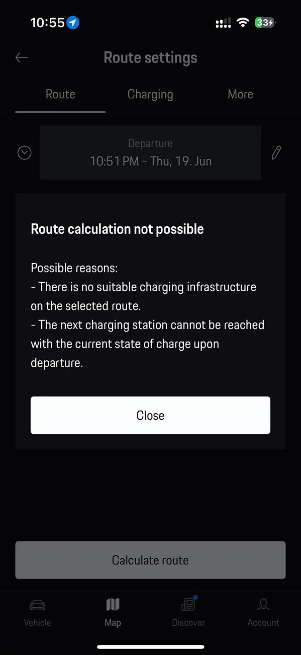 Porsche Taycan Trip planner in app not working IMG_3578