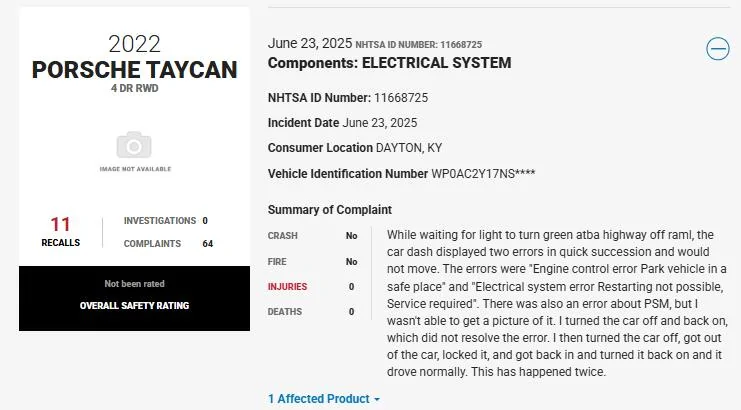 Porsche Taycan NHTSA Complaint - Taycan would not move after stopping at light - Multiple errors - June 23, 2025 1750872272181-c