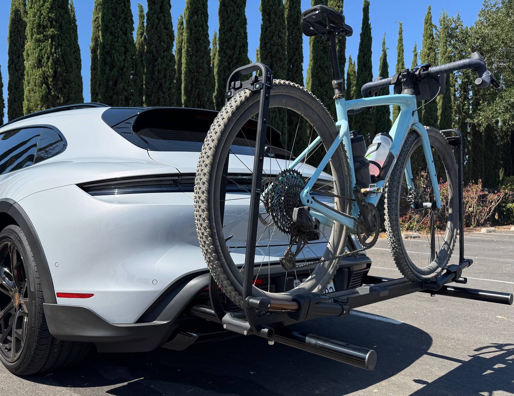 Porsche Taycan Custom Rear Bike Rack Installed with 1up Trays IMG_3689