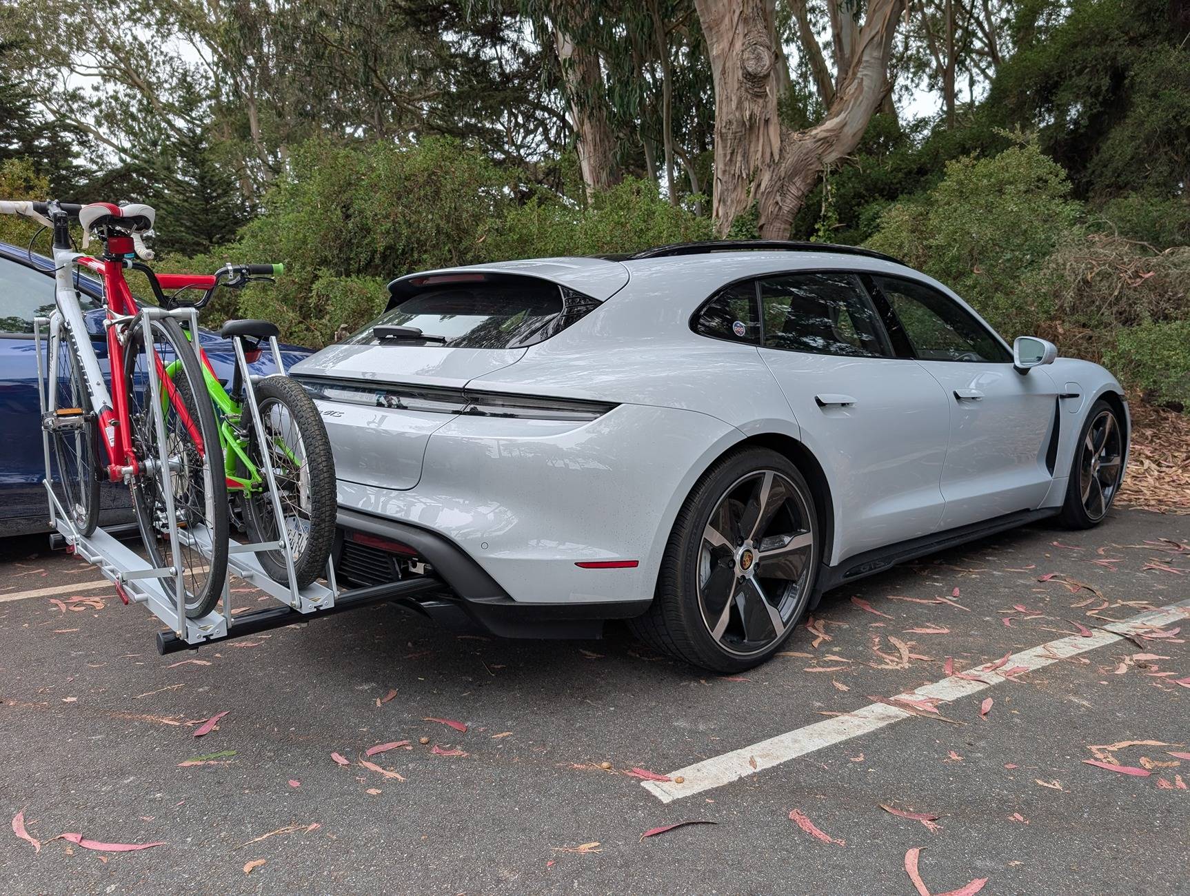 Porsche Taycan Custom Rear Bike Rack Installed with 1up Trays PXL_20250716_163907903