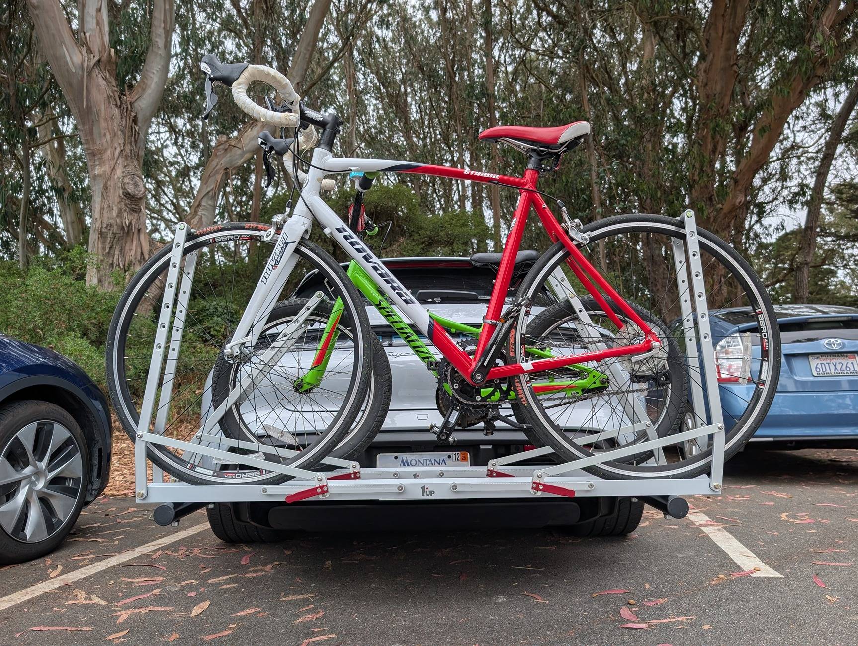 Porsche Taycan Custom Rear Bike Rack Installed with 1up Trays PXL_20250716_163922027