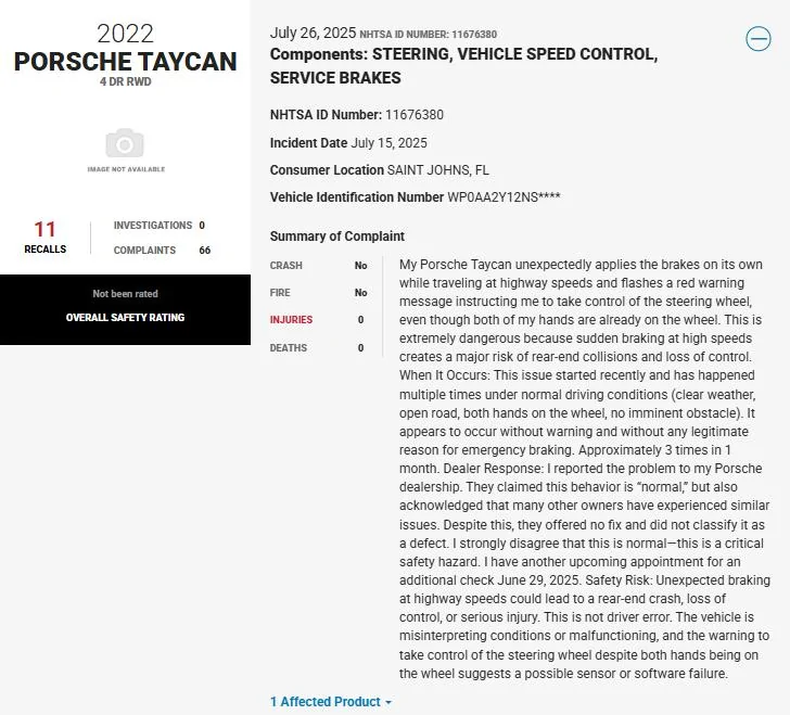 Porsche Taycan NHTSA Complaints - Unexpected braking at highway speeds - July 26, 2025 and Sept. 19, 2025 1753884882834-r