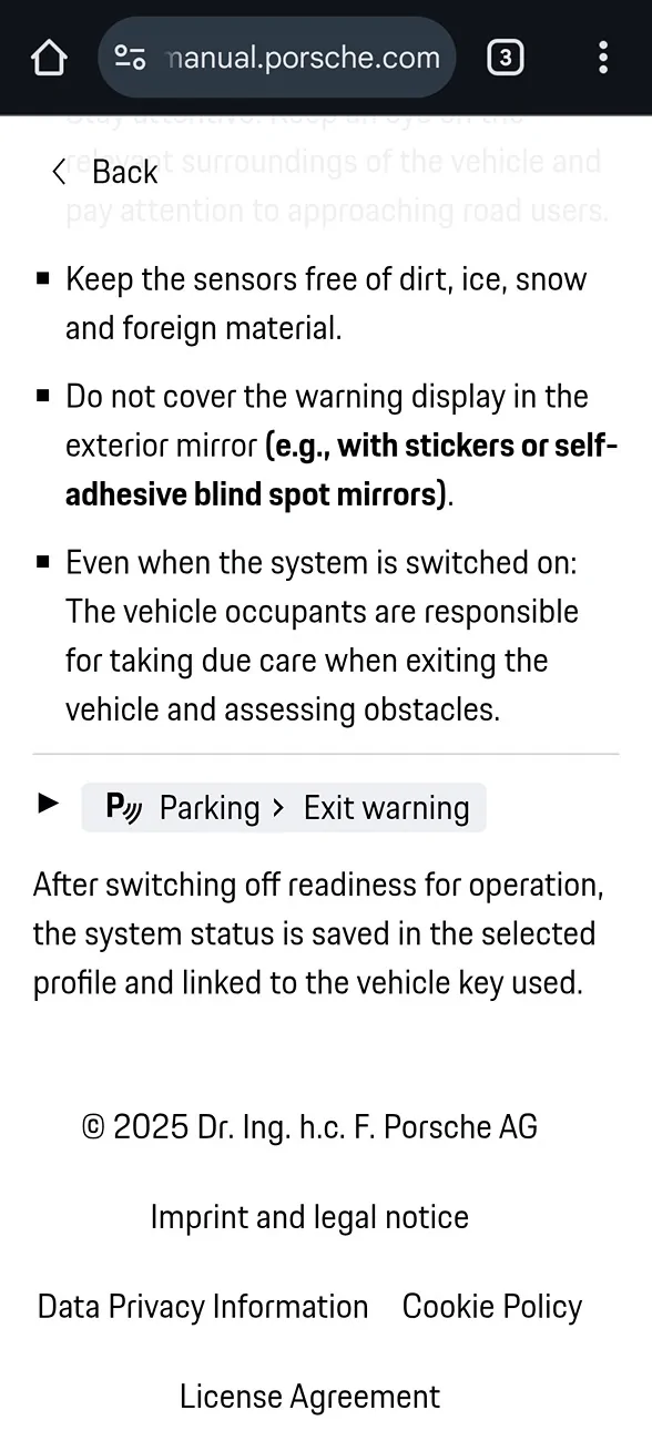 Porsche Taycan Egress warning in PCM Screenshot_20250803_120325_Chrome Beta