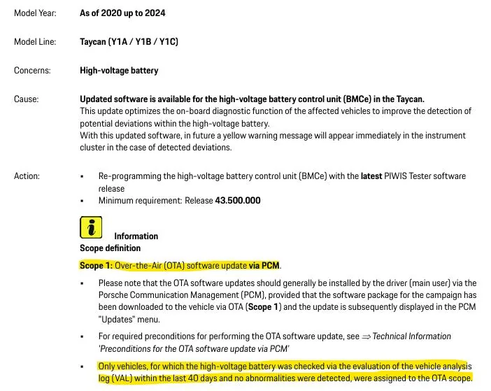 Porsche Taycan TSB: WSH4 - Updated software available for the HV battery control unit (BMCe) - July 8, 2025 1754490988490-bi