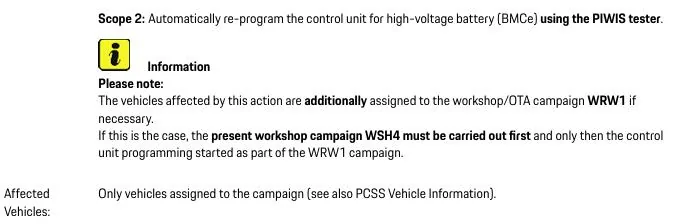 Porsche Taycan TSB: WSH4 - Updated software available for the HV battery control unit (BMCe) - July 8, 2025 1754491042504-oa