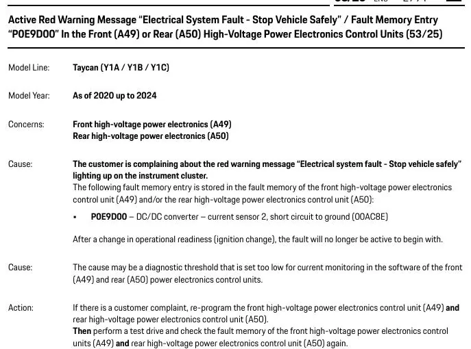 Porsche Taycan TSB:  Red warning message “Electrical system fault- Stop vehicle safely” - 1754575654998-8r