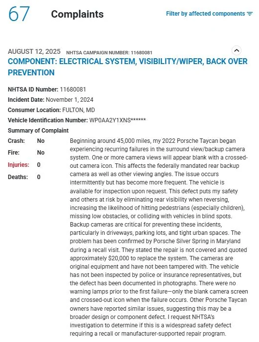 Porsche Taycan NHTSA Complaint - Surround view/backup camera system recurring failures - August 12, 2025 1755270111023-go