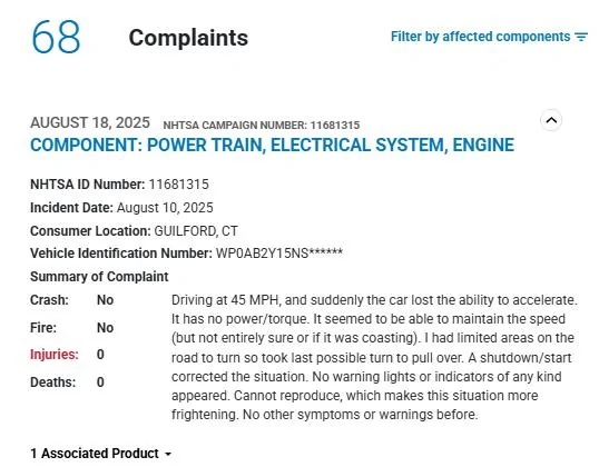 Porsche Taycan NHTSA Complaints - Taycan lost ability to accelerate - August 18 & 31, 2025 1755698180199-m7