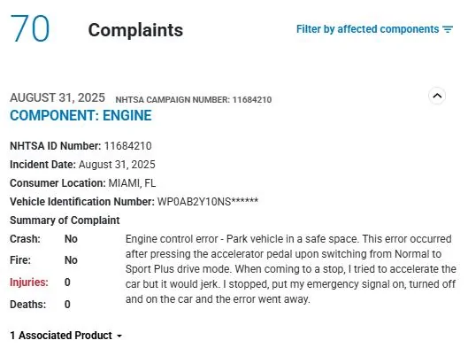 Porsche Taycan NHTSA Complaints - Taycan lost ability to accelerate - August 18 & 31, 2025 1756897323916-ch