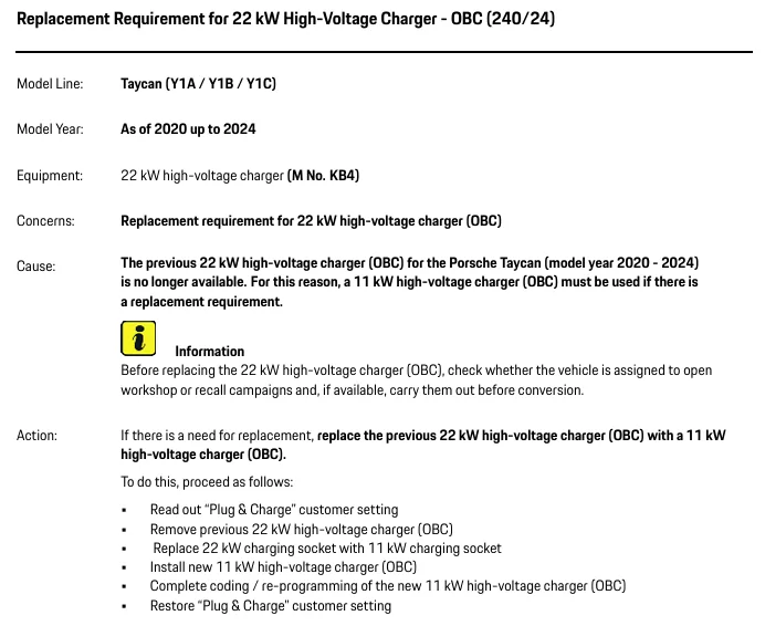Porsche Taycan TSB: Replacement Requirement for 22 kW High-Voltage Charger (no longer available) - August 15, 2025 1757481805106-5d