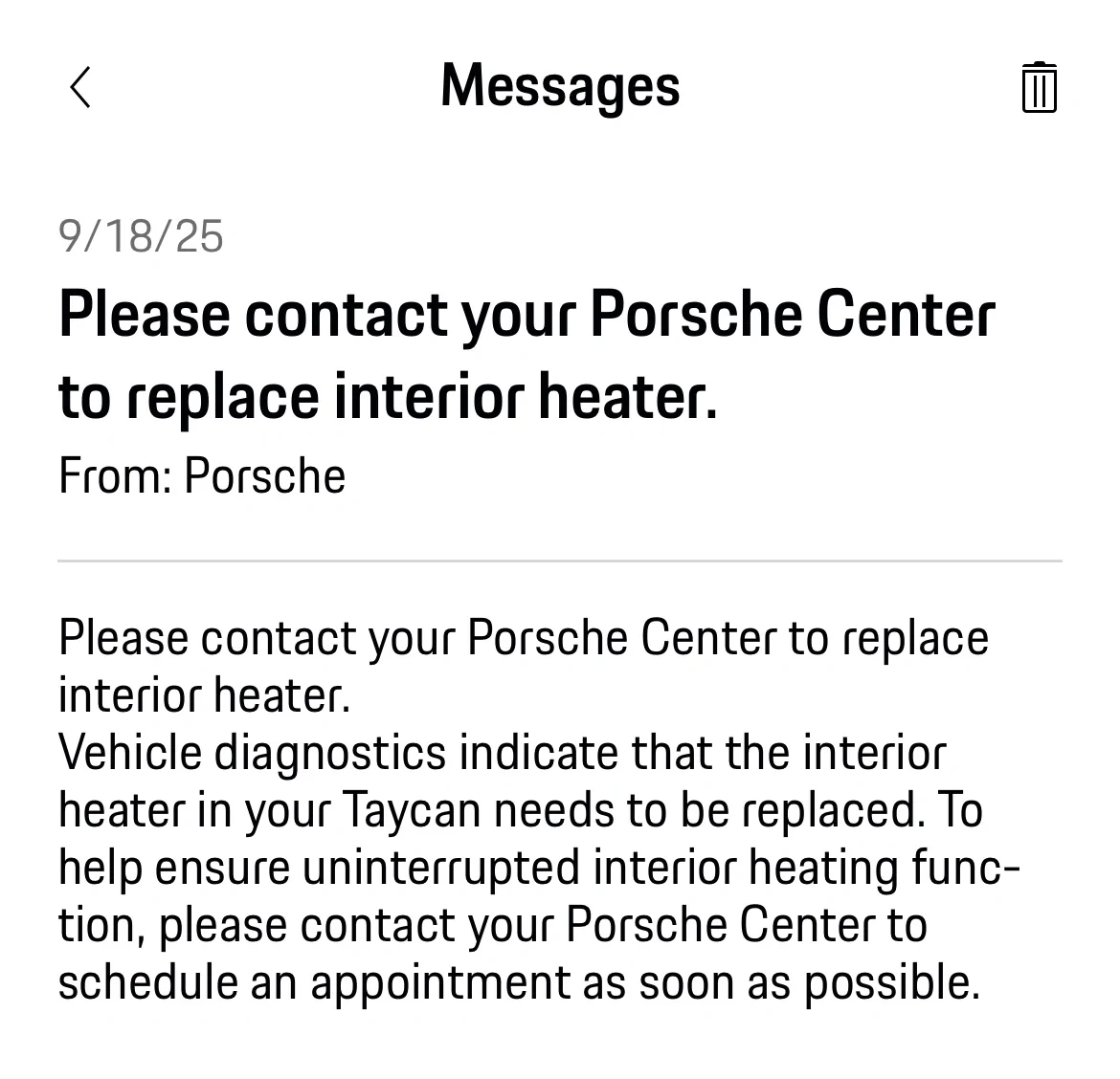 Porsche Taycan Passenger side electric heater replacement recall IMG_1233
