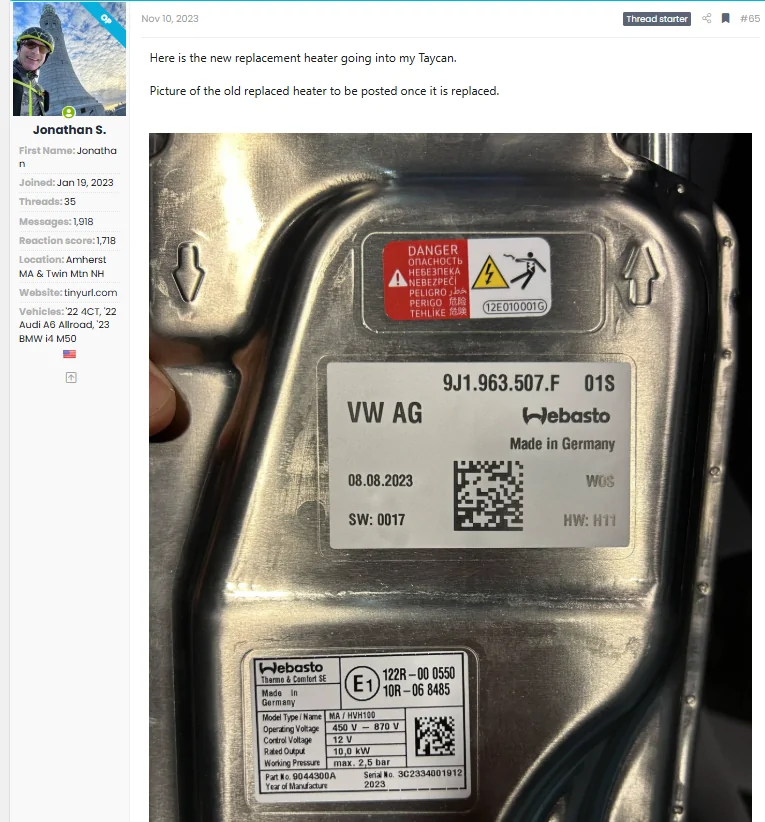 Porsche Taycan Passenger side electric heater replacement recall 1758636947130-x0