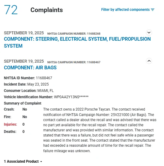 Porsche Taycan Recall: Front passenger air bag may be deactivated by classification system error (ASA2). 2022-23 Taycans. April 8, 2025 1758726300812-r1