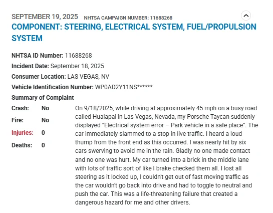 Porsche Taycan NHTSA Complaints - Unexpected braking at highway speeds - July 26, 2025 and Sept. 19, 2025 1758726601115-hu