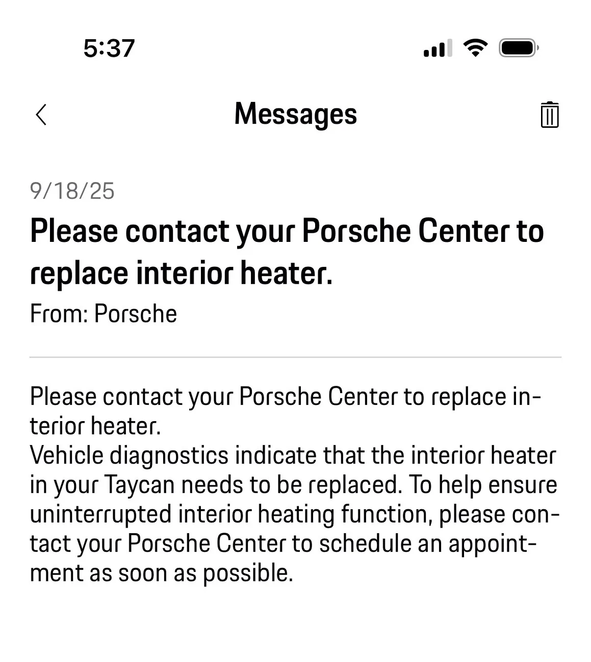 Porsche Taycan Passenger side electric heater replacement recall IMG_8289