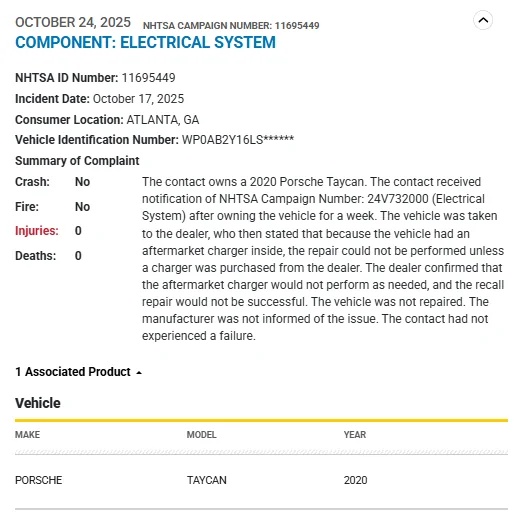 Porsche Taycan NHTSA Complaint - Taycan with 'aftermarket charger inside' was refused ARB6/7 recall repair - Oct. 24, 2025 1761653692668-20
