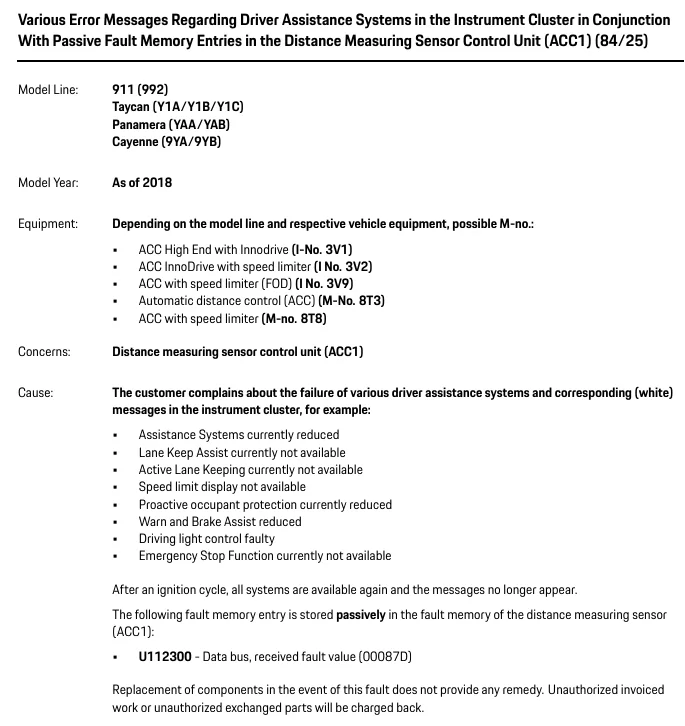 Porsche Taycan TSB: Errors related to Driver Assistance Systems - Distance Measuring Sensor Control Unit (ACC1) - Oct. 3, 2025 1762425752093-hq