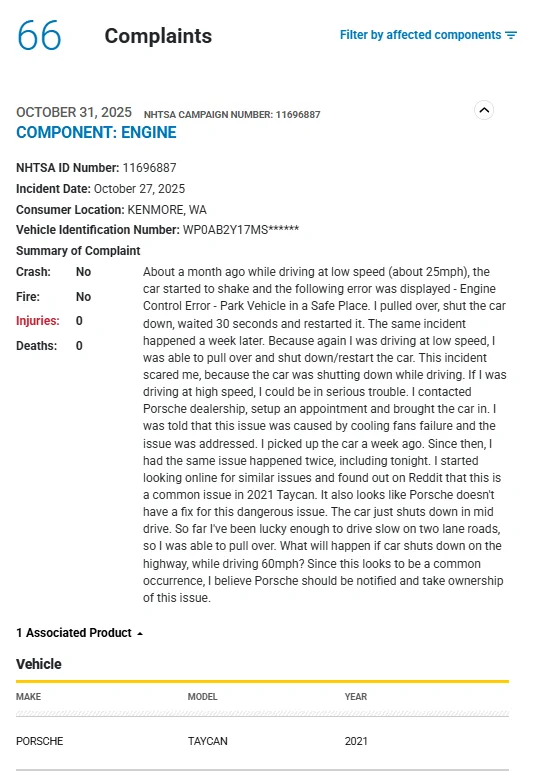 Porsche Taycan NHTSA Complaint - Taycan shakes while driving at low speed - Engine Control Error - Oct. 31, 2025 1762457429229-w0